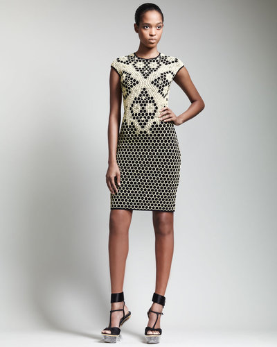 Alexander McQueen Short Honeycomb Cap-Sleeve Dress, Black/Yellow