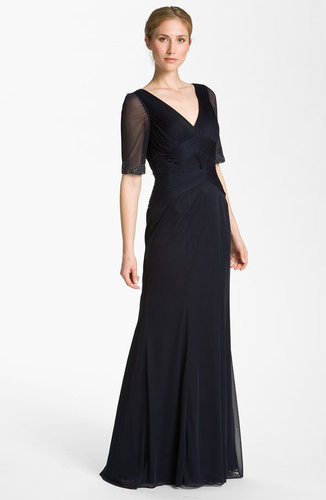 Adrianna Papell Embellished Ruched Bodice Mesh Gown