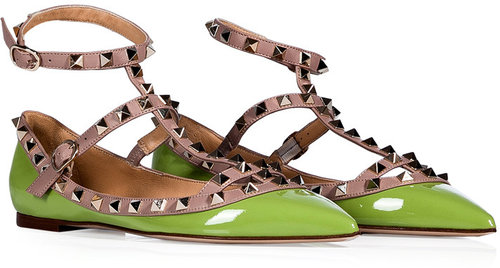 Valentino Apple Green/Powder Leather Rockstud Ankle Strap Flats