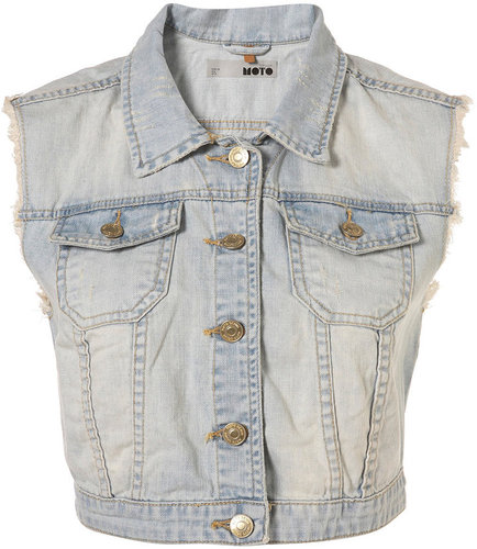 Bleach Washed Sleevless Denim Cropped Jacket
