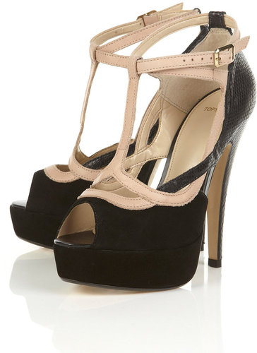 SLINK Black Suede Faux Snakeskin T-bar Cut Out Platform Sandals