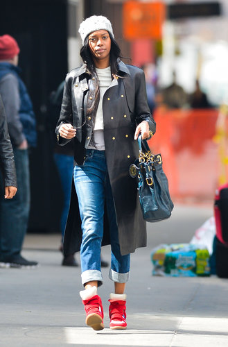 Jessica White got funky during an NYC stroll in a black leather military-style coat, red wedge sneakers, and a knit beanie.
Jessica White got funky during an NYC stroll in a black leather military-style coat, red wedge sneakers, and a knit beanie.