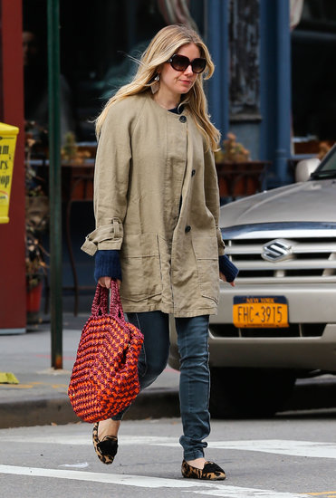 Sienna Miller paired her favorite leopard loafers with an olive-green coat, skinny jeans, and a colorful crochet bag during a day out in NYC.
Sienna Miller paired her favorite leopard loafers with an olive-green coat, skinny jeans, and a colorful crochet bag during a day out in NYC.