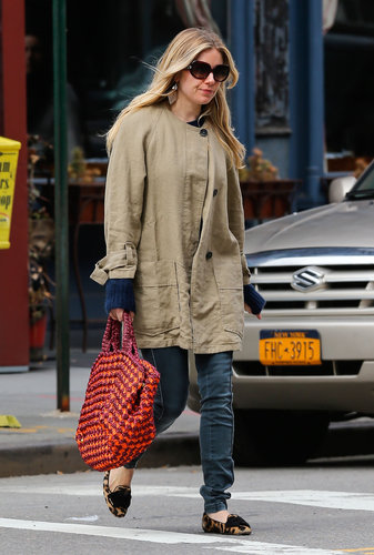 Sienna Miller paired her favorite leopard loafers with an olive-green coat, skinny jeans, and a colorful crochet bag during a day out in NYC.
Sienna Miller paired her favorite leopard loafers with an olive-green coat, skinny jeans, and a colorful crochet bag during a day out in NYC.
