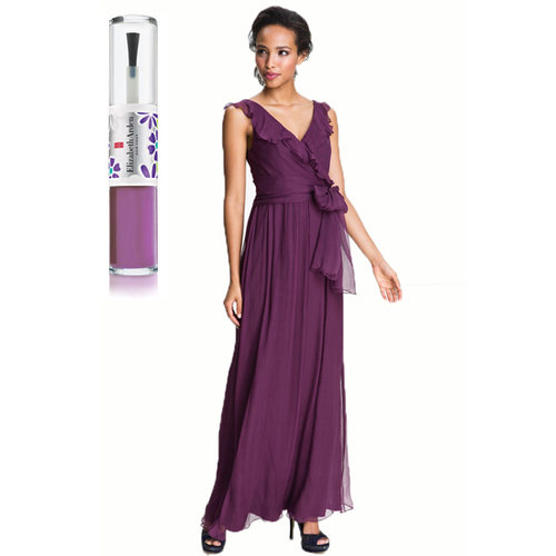 Your typical ruffled bridesmaid dress, like Amsale's Ruffle Silk Chiffon Gown ($310) gets enhanced with a lighter violet shade, like Elizabeth Arden's New York in Bloom Nail Lacquer Duo in purple ($19).
Your typical ruffled bridesmaid dress, like Amsale's Ruffle Silk Chiffon Gown ($310) gets enhanced with a lighter violet shade, like Elizabeth Arden's New York in Bloom Nail Lacquer Duo in purple ($19).
