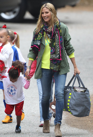 Heidi Klum livened up her army green jacket with an exotic, multicolored scarf in LA.
Heidi Klum livened up her army green jacket with an exotic, multicolored scarf in LA.