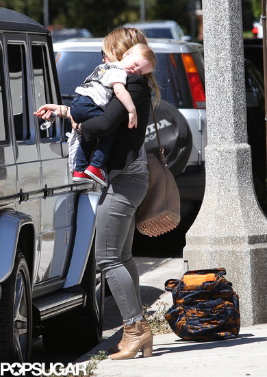 Luca Comrie rested on his mom Hilary Duff's shoulder.
Luca Comrie rested on his mom Hilary Duff's shoulder.