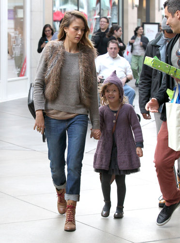 Jessica Alba cozied up in a oatmeal sweater, cropped fur vest, and cuffed boyfriend jeans while taking Honor to a birthday party at Century City mall in LA. The actress completed her Fall-friendly style with contrast-lace boots, a black leather backpack, and gold cross earrings
Jessica Alba cozied up in a oatmeal sweater, cropped fur vest, and cuffed boyfriend jeans while taking Honor to a birthday party at Century City mall in LA. The actress completed her Fall-friendly style with contrast-lace boots, a black leather backpack, and gold cross earrings