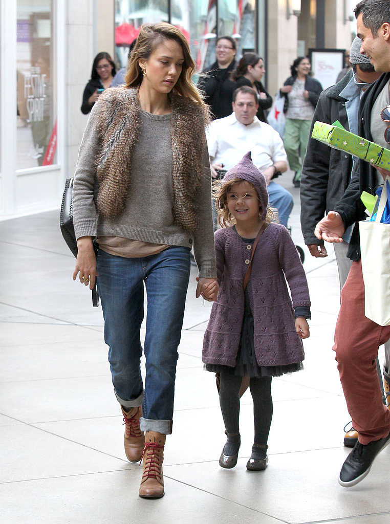 Jessica Alba cozied up in a oatmeal sweater, cropped fur vest, and cuffed boyfriend jeans while taking Honor to a birthday party at Century City mall in LA. The actress completed her Fall-friendly style with contrast-lace boots, a black leather backpack, and gold cross earrings
Jessica Alba cozied up in a oatmeal sweater, cropped fur vest, and cuffed boyfriend jeans while taking Honor to a birthday party at Century City mall in LA. The actress completed her Fall-friendly style with contrast-lace boots, a black leather backpack, and gold cross earrings