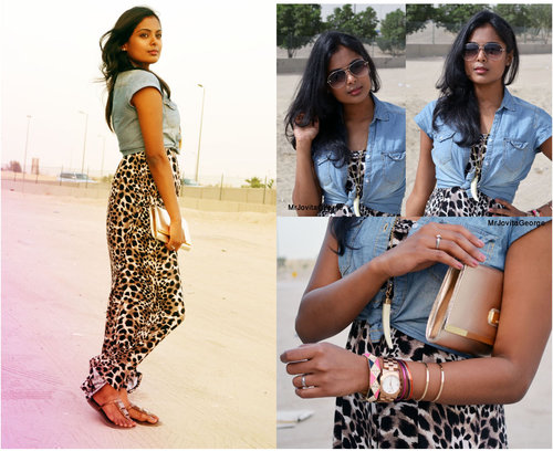 Leopard print maxi dress and chambray shirt