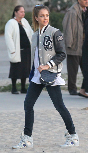 Get sporty-chic inspiration from Jessica's park date style: an Opening Ceremony varsity jacket, wedge Isabel Marant sneakers, and a navy Vince Camuto crossbody. And of course, a pair of perfectly sleek boyfriend jeans.
Get sporty-chic inspiration from Jessica's park date style: an Opening Ceremony varsity jacket, wedge Isabel Marant sneakers, and a navy Vince Camuto crossbody. And of course, a pair of perfectly sleek boyfriend jeans.
