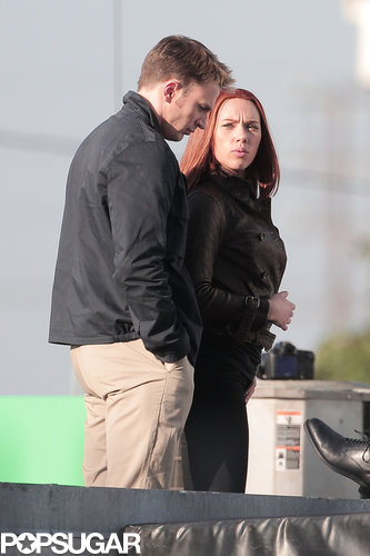 Scarlett Johansson and Chris Evans filmed a scene for Captain America: The Winter Soldier.
Scarlett Johansson and Chris Evans filmed a scene for Captain America: The Winter Soldier.