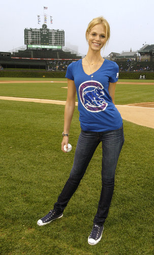 Erin Heatherton showed her pride for the Chicago Cubs before throwing out the first pitch in May 2011.
Erin Heatherton showed her pride for the Chicago Cubs before throwing out the first pitch in May 2011.