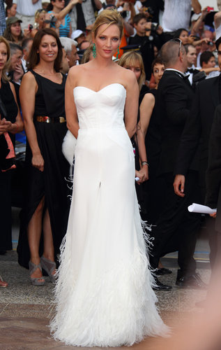Uma Thurman wore a white fringed Versace gown to the 2011 Cannes premiere of Midnight in Paris.
Uma Thurman wore a white fringed Versace gown to the 2011 Cannes premiere of Midnight in Paris.
