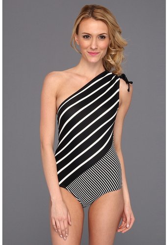 DKNY - Intermix One Shoulder Maillot w/ Removable Soft Cups (Black/Ivory) - Apparel