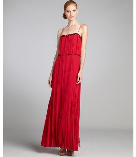 Aidan Mattox ruby chiffon 'Carwash' jeweled spaghetti strap gown