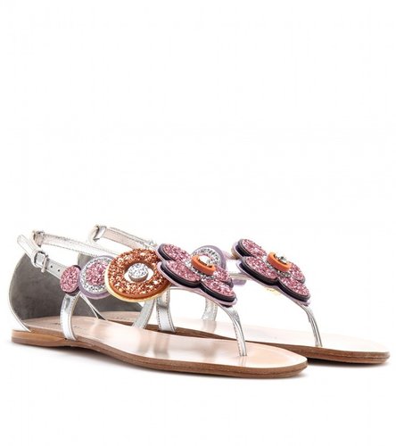 Miu Miu GLITTER-TRIMMED METALLIC LEATHER SANDALS