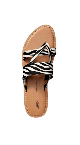 Take a walk on the wild side with Gap's zebra-print slides ($40).
Take a walk on the wild side with Gap's zebra-print slides ($40).