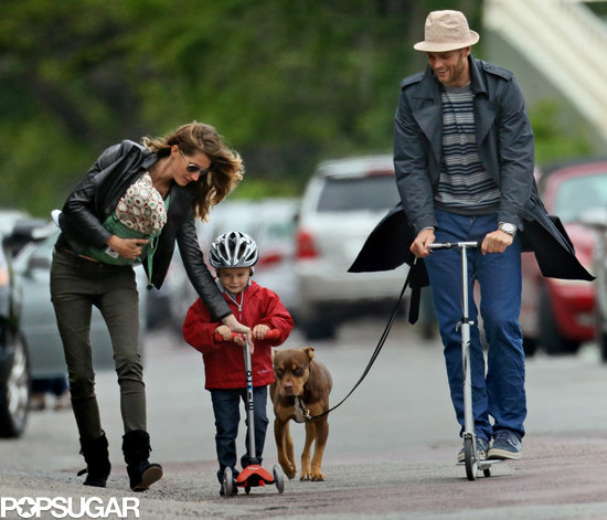 Gisele Bündchen and Tom Brady took Ben for a scooter ride in Boston. Gisele Bündchen and Tom Brady took Ben for a scooter ride in Boston.