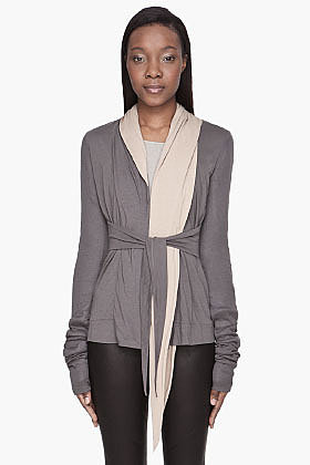 RICK OWENS LILIES Grey two-tone Drapey Tie Cardigan