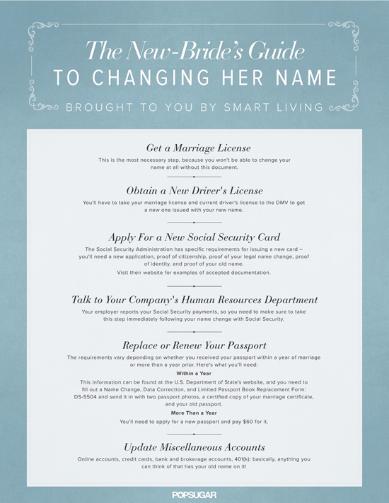 To change your name with the Social Security Administration (SSA), visit the.  show your name change, and may include a marriage certificate, divorce decree.