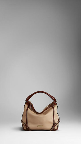 Small Cotton Gabardine and Leather Hobo Bag