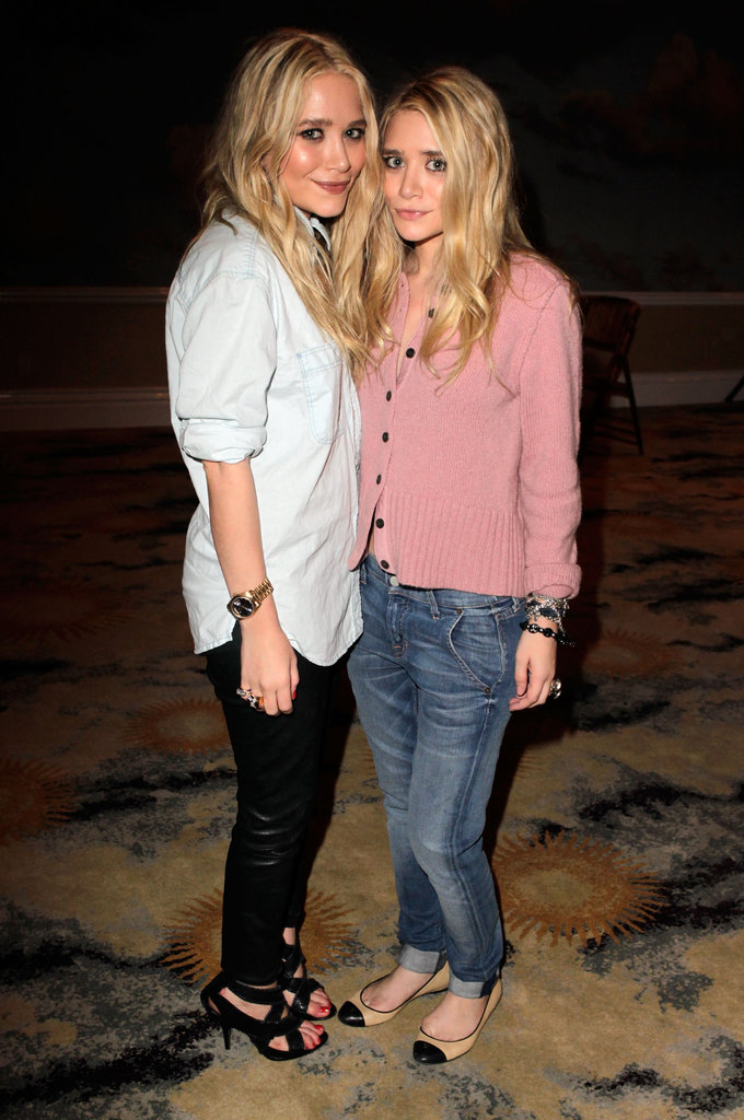 Twinning combo: The girls donned borrowed-from-the-boys looks for an April 2011 Textile Elizabeth and James event in Beverly Hills.
Mary-Kate toned down her black leather pants with a chambray button-down.
Ashley styled her Textile Elizabeth and James boyfriend jeans with a cozy pink cardigan and cap-toe ballet flats.
Twinning combo: The girls donned borrowed-from-the-boys looks for an April 2011 Textile Elizabeth and James event in Beverly Hills.
Mary-Kate toned down her black leather pants with a chambray button-down.
Ashley styled her Textile Elizabeth and James boyfriend jeans with a cozy pink cardigan and cap-toe ballet flats.