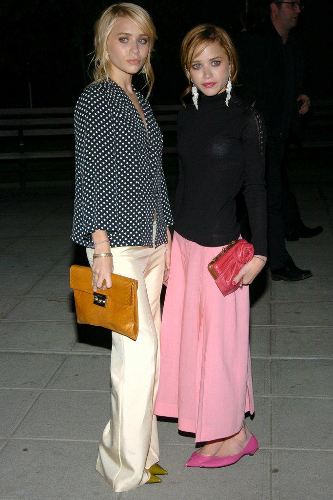 Twinning combo: For Vanity Fair's Tribeca Film Festival party, the twins chose girlie prints and hues.
Ashley styled a business-chic ensemble — polka-dot blouse and silky wide-leg trousers — with olive-green pumps and an orange leather clutch.
Mary-Kate posed in a studded turtleneck, flowy pink skirt, matching kitten heels, and a hot-pink rose clutch.
Twinning combo: For Vanity Fair's Tribeca Film Festival party, the twins chose girlie prints and hues.
Ashley styled a business-chic ensemble — polka-dot blouse and silky wide-leg trousers — with olive-green pumps and an orange leather clutch.
Mary-Kate posed in a studded turtleneck, flowy pink skirt, matching kitten heels, and a hot-pink rose clutch.