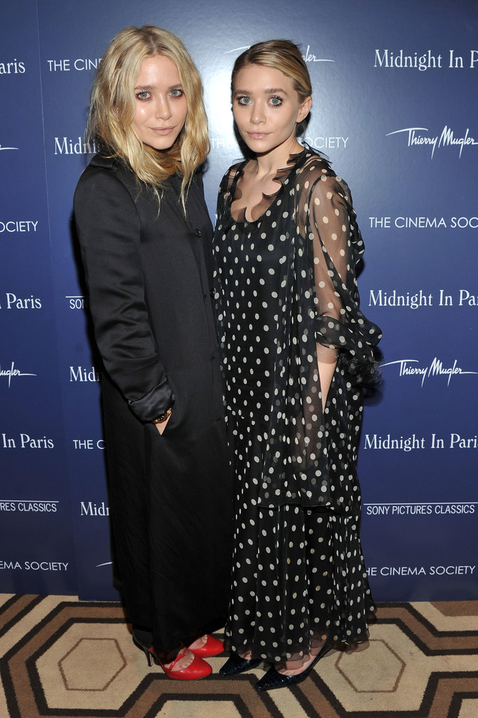 Twinning combo: The Olsens hit the NYC screening of Midnight in Paris oozing Parisian-chic sophistication.
Mary-Kate warmed up in a long black silk coat and fiery red rounded pumps.
Ashley looked whimsical in a sheer polka-dot dress and black crocodile pumps.
Twinning combo: The Olsens hit the NYC screening of Midnight in Paris oozing Parisian-chic sophistication.
Mary-Kate warmed up in a long black silk coat and fiery red rounded pumps.
Ashley looked whimsical in a sheer polka-dot dress and black crocodile pumps.