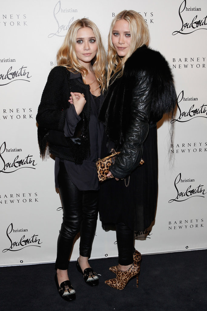 Twinning combo: For Christian Louboutin's November 2011 soiree the girls styled all-black ensembles with statement-making shoes.
Ashley juxtaposed edgy leather leggings with a smart tweed jacket and Christian Louboutin tasseled driving loafers.
Mary-Kate injected a pop of print with a leopard clutch and matching ankle booties, both by Christian Louboutin.
Twinning combo: For Christian Louboutin's November 2011 soiree the girls styled all-black ensembles with statement-making shoes.
Ashley juxtaposed edgy leather leggings with a smart tweed jacket and Christian Louboutin tasseled driving loafers.
Mary-Kate injected a pop of print with a leopard clutch and matching ankle booties, both by Christian Louboutin.