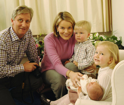 Belgian royals Prince Philippe, Princess Mathilde, Princess Elisabeth, Prince Gabriel, and Princess Elisabeth posed for the official photo of newborn Prince Emmanuel Leopold Guillome in 2005.
Belgian royals Prince Philippe, Princess Mathilde, Princess Elisabeth, Prince Gabriel, and Princess Elisabeth posed for the official photo of newborn Prince Emmanuel Leopold Guillome in 2005.
