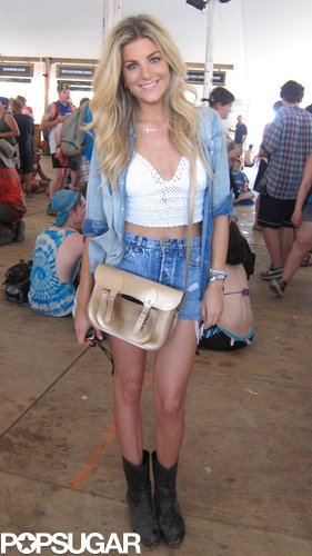 Maddie gave her denim-on-denim look a funkier twist with a gold metallic satchel, a crochet top, and black boots.
Maddie gave her denim-on-denim look a funkier twist with a gold metallic satchel, a crochet top, and black boots.
