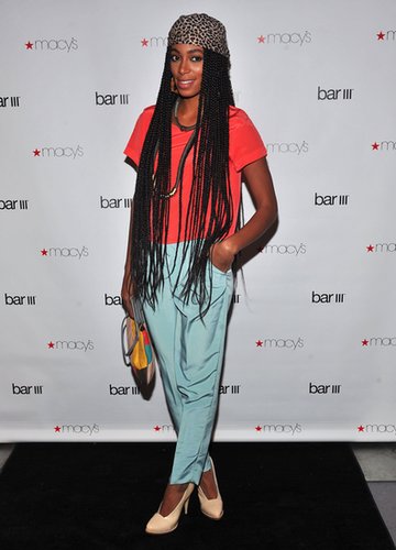 Solange Knowles colorblocked in neon orange and seafoam blue for the Macy's Bar III pop-up launch in February 2011.
Solange Knowles colorblocked in neon orange and seafoam blue for the Macy's Bar III pop-up launch in February 2011.
