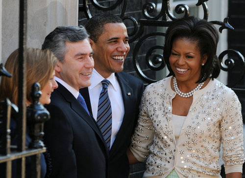 While in London in April 2009, the Obamas smiled alongside then-Prime Minister of Britain Gordon Brown and his wife, Sarah.
While in London in April 2009, the Obamas smiled alongside then-Prime Minister of Britain Gordon Brown and his wife, Sarah.