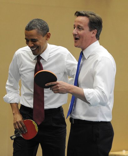 President Obama and British Prime Minister David Cameron had a laugh while playing ping-pong at London's Globe Academy in May 2011.
President Obama and British Prime Minister David Cameron had a laugh while playing ping-pong at London's Globe Academy in May 2011.