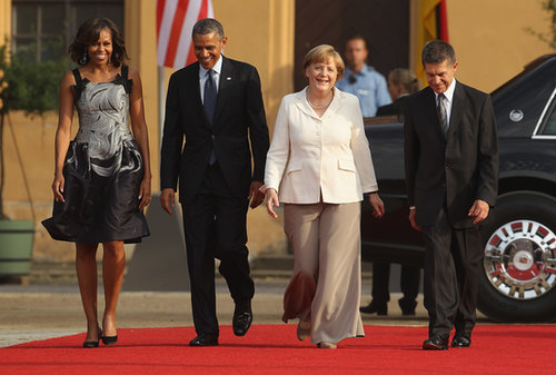Barack and Michelle Obama attended a dinner in the president's honor with German Chancellor Angela Merkel and her husband, Joachim Sauer, in Berlin, Germany, in June.
Barack and Michelle Obama attended a dinner in the president's honor with German Chancellor Angela Merkel and her husband, Joachim Sauer, in Berlin, Germany, in June.