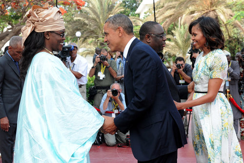 In June, President Obama and First Lady Michelle were greeted by Senegal's President Macky Sall and his wife, Marieme Faye, at the presidential palace in Dakar.
In June, President Obama and First Lady Michelle were greeted by Senegal's President Macky Sall and his wife, Marieme Faye, at the presidential palace in Dakar.