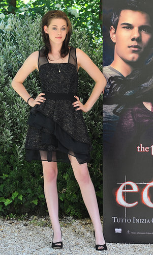 A tiered J. Mendel was Stewart's dress of choice for the Rome photocall for Eclipse in 2010.
A tiered J. Mendel was Stewart's dress of choice for the Rome photocall for Eclipse in 2010.