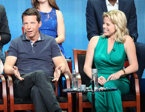 Megan Hilty and Sean Hayes laughed together on stage.
Megan Hilty and Sean Hayes laughed together on stage.
