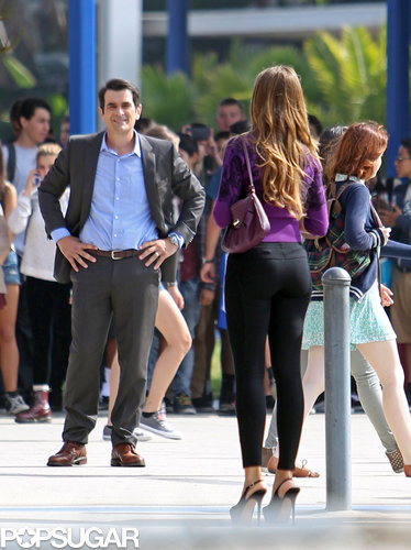 Sofia Vergara wore tight black pants to film a scene with her costar Ty Burrell.
Sofia Vergara wore tight black pants to film a scene with her costar Ty Burrell.