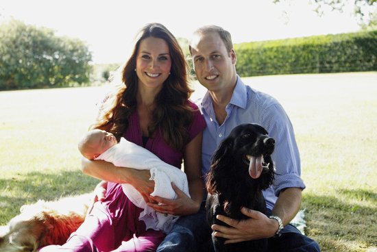 Kate Middleton and Prince William posed for the first official portrait with Prince George in August 2013. The snap was taken by Kate's father, Michael Middleton, and included the couple's dog, Lupo, and the Middletons' family pet, Tilly, in the background.
Kate Middleton and Prince William posed for the first official portrait with Prince George in August 2013. The snap was taken by Kate's father, Michael Middleton, and included the couple's dog, Lupo, and the Middletons' family pet, Tilly, in the background.