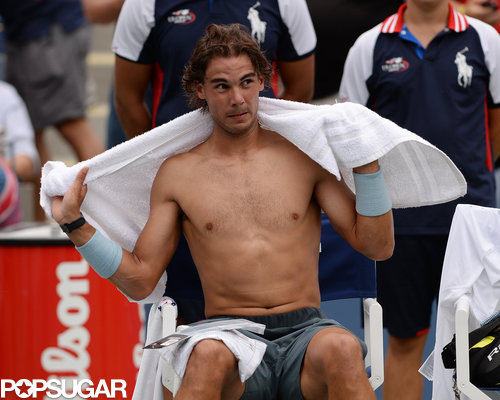 Rafael Nadal showed off his shirtless body after his set.
Rafael Nadal showed off his shirtless body after his set.