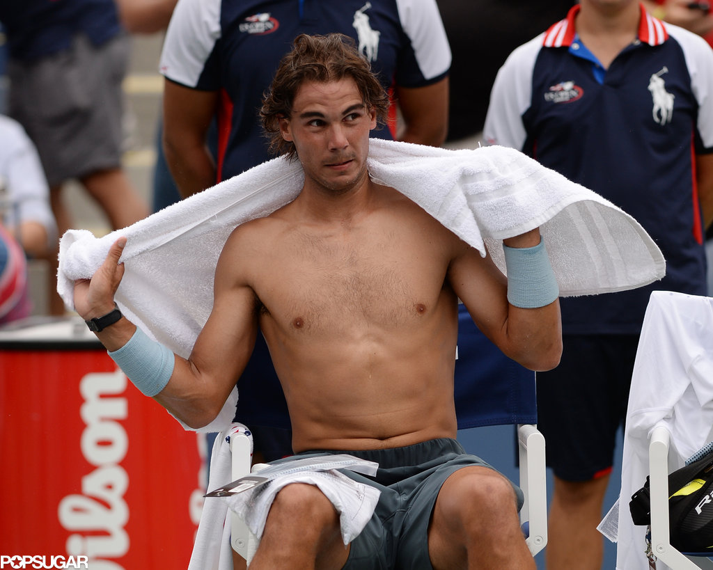 Rafael Nadal showed off his shirtless body after his set.
Rafael Nadal showed off his shirtless body after his set.