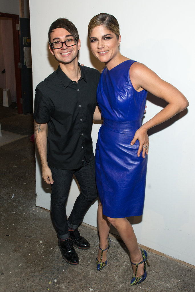 Selma Blair — sporting a bold, cobalt-blue dress and t-strap heels — took a moment to pose with Christian Siriano at his Spring 2014 show.
Selma Blair — sporting a bold, cobalt-blue dress and t-strap heels — took a moment to pose with Christian Siriano at his Spring 2014 show.