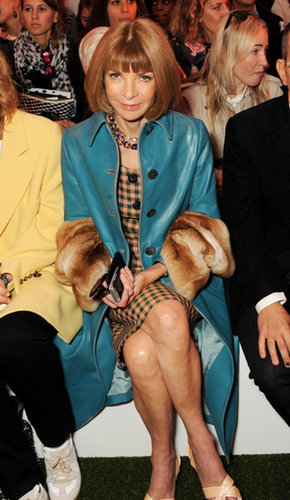 Anna Wintour accented her Fall-ready dress with a fur-trimmed teal topper at the Mulberry show.
Anna Wintour accented her Fall-ready dress with a fur-trimmed teal topper at the Mulberry show.