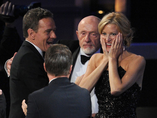 Breaking Bad's Bryan Cranston and Anna Gunn celebrated after the show won best drama series.
Breaking Bad's Bryan Cranston and Anna Gunn celebrated after the show won best drama series.