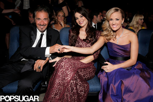 How's this for a random meetup? Al Pacino and his girlfriend, Lucila Sola, had a touching moment with Carrie Underwood as they took their seats in the Emmys audience.
How's this for a random meetup? Al Pacino and his girlfriend, Lucila Sola, had a touching moment with Carrie Underwood as they took their seats in the Emmys audience.