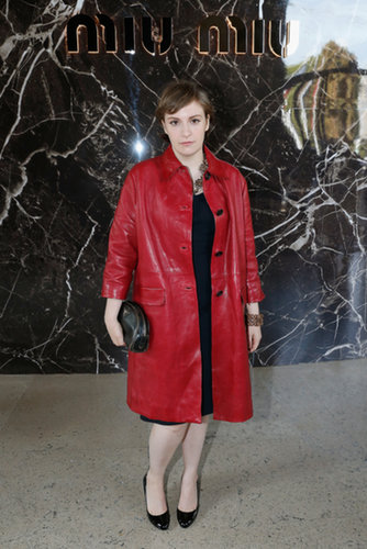Lena Dunham was dressed up in a red coat for the Miu Miu runway show on Wednesday.
Lena Dunham was dressed up in a red coat for the Miu Miu runway show on Wednesday.
