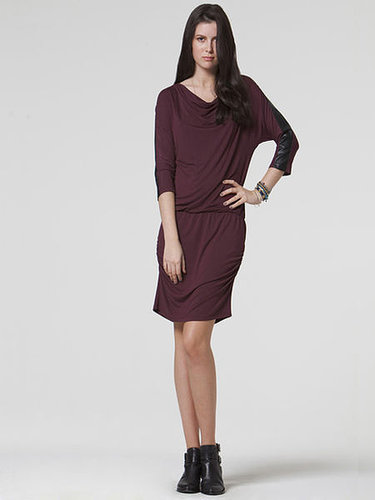 Draped neck dress with faux leather detail