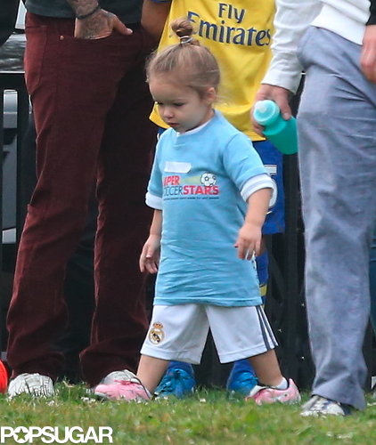 Harper Beckham sported a little topknot while playing soccer in LA.
Harper Beckham sported a little topknot while playing soccer in LA.
